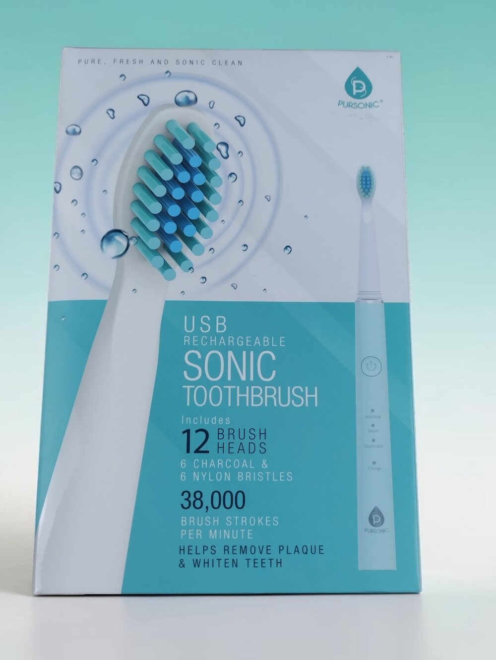 Pursonic Whitening USB Rechargeable Sonic Toothbrush 12 Brush Heads NEW